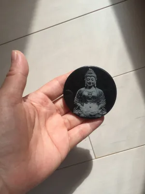 100% natural black jadeite jade(Wuji, 乌鸡)  Guanyin (观音) safe and sound pendant/worry stone/decor BM38