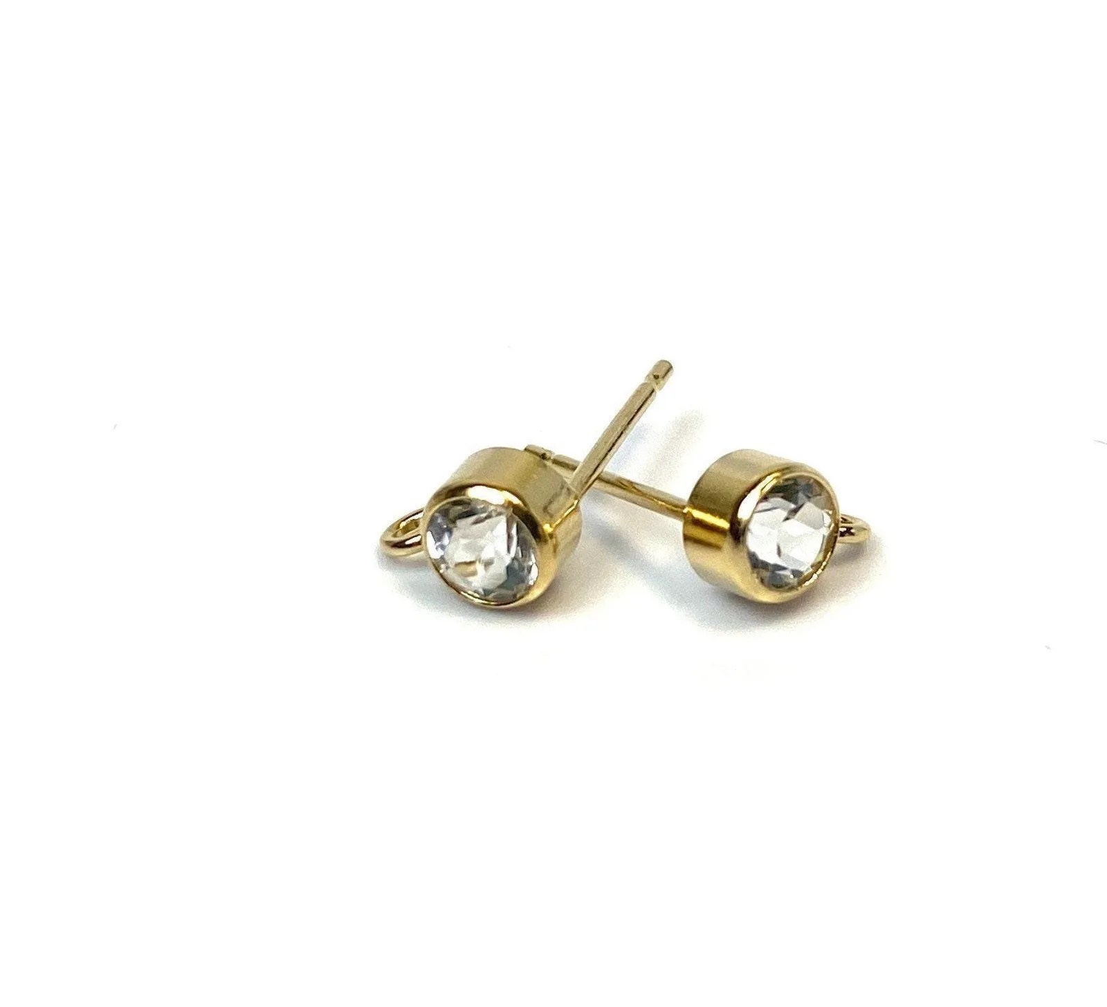 14K Gold Filled, 4mm White Topaz Gemstone Post Earring W/ Ring, 14KGF