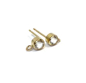 14K Gold Filled, 4mm White Topaz Gemstone Post Earring W/ Ring, 14KGF