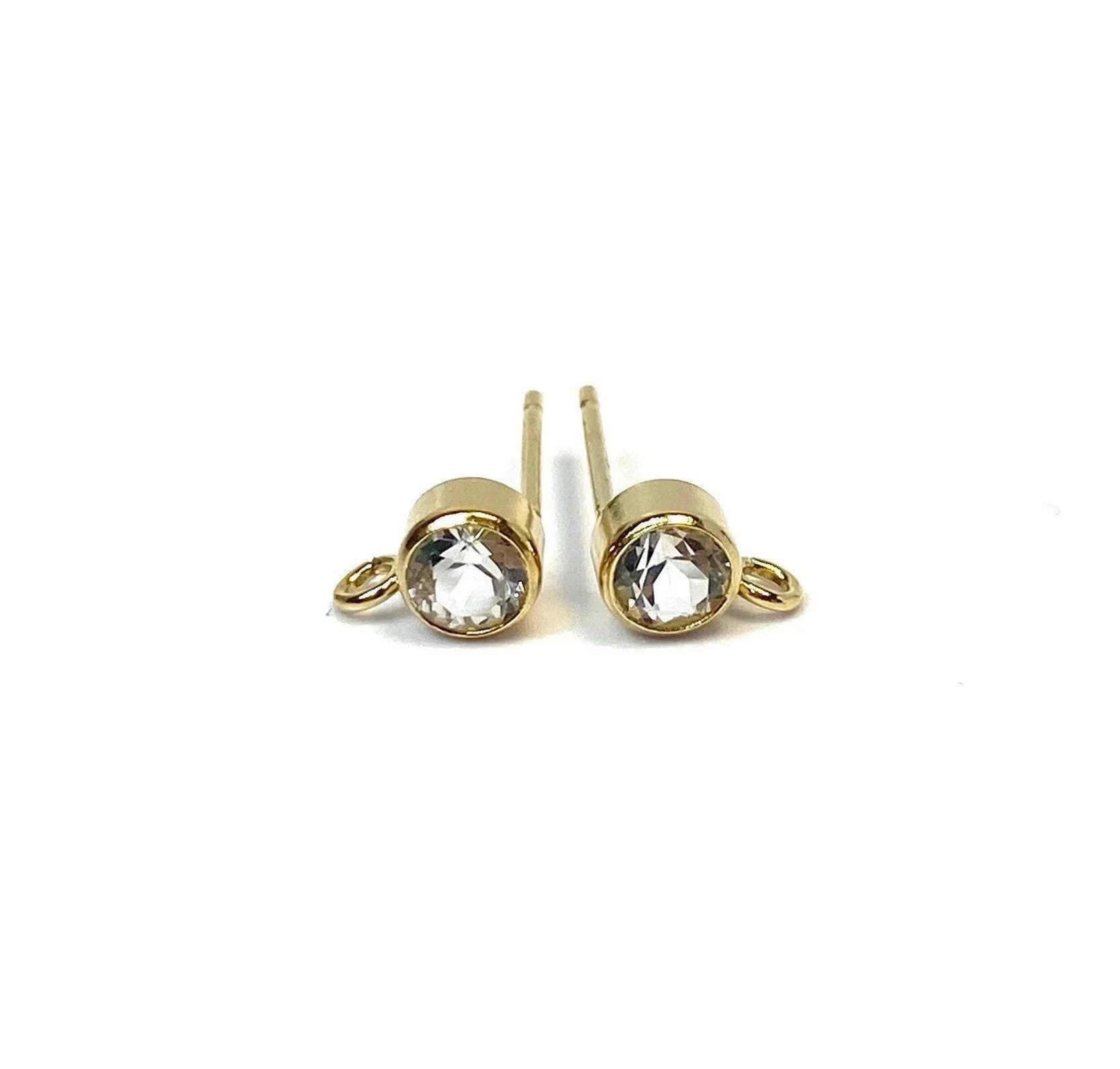 14K Gold Filled, 4mm White Topaz Gemstone Post Earring W/ Ring, 14KGF