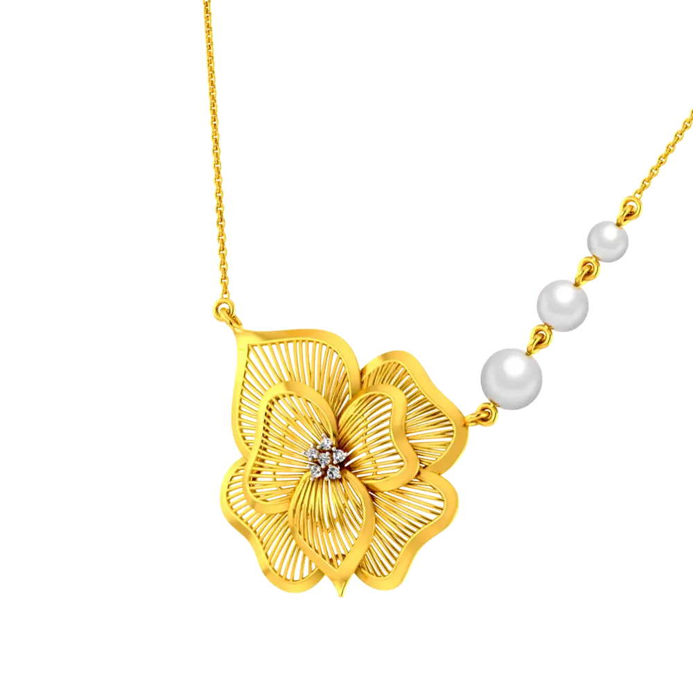 14k Gold Flower Necklace With Pearls On A Chain