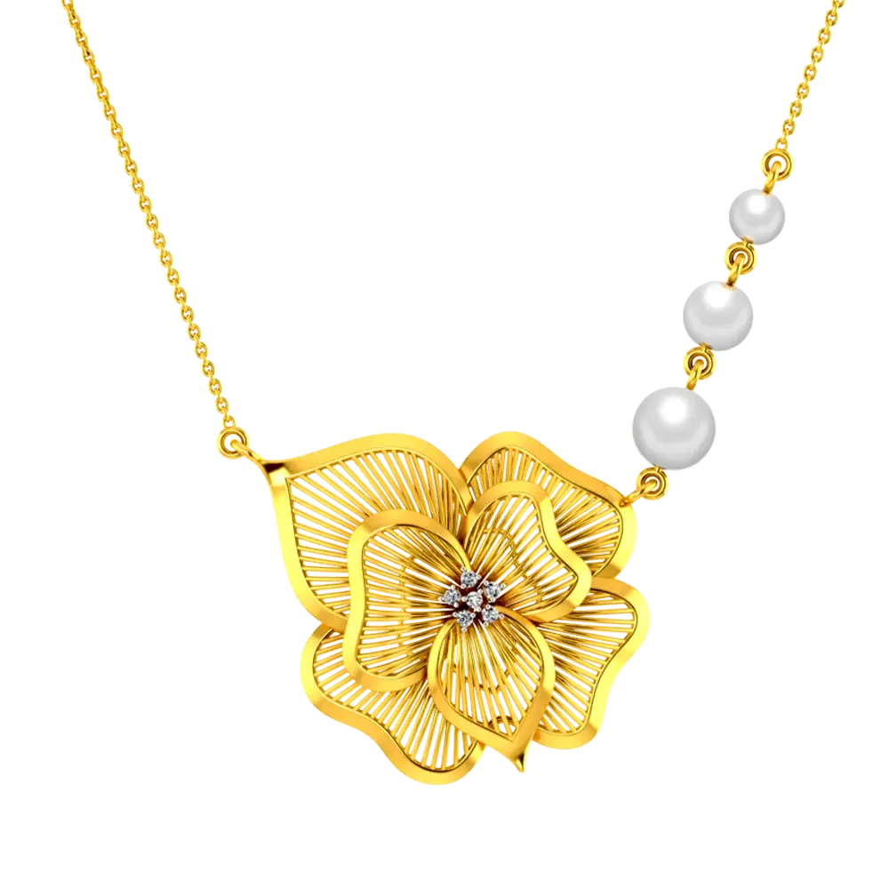 14k Gold Flower Necklace With Pearls On A Chain