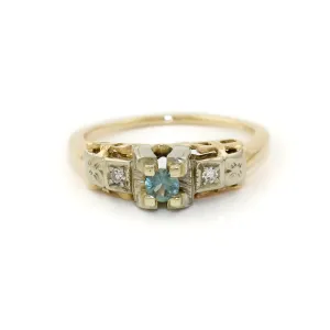 14k Two Tone x Antique Blue Topaz & Diamond Art-Deco Ring