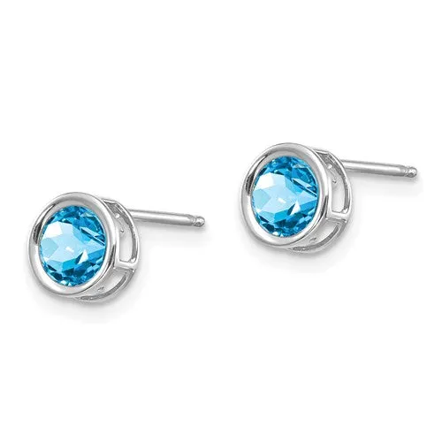 14k White Gold 5mm Round Swiss Blue Topaz Bezel Set Earrings