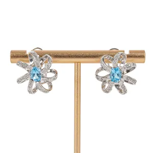 14K White Gold Oval Blue Topaz Diamond Omega Earrings