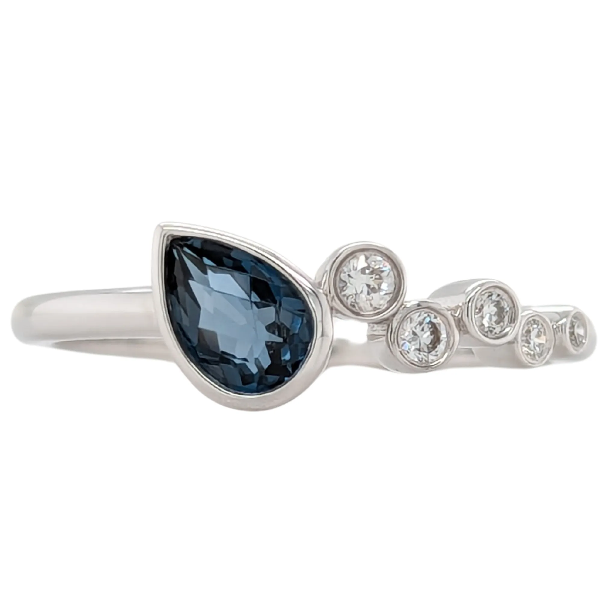 14K White Gold Pear Shaped Blue Topaz Ring with Diamonds