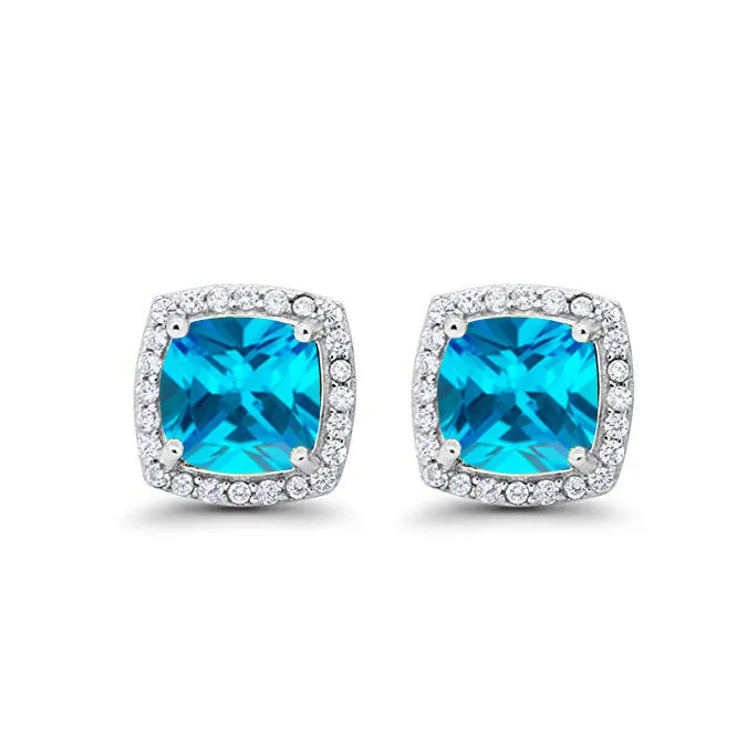 14k White Gold Plated 1 Ct Created Halo Princess Cut Blue Topaz Stud Earrings