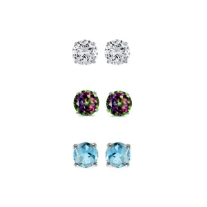 14k White Gold Plated 1/2Ct Created White Sapphire, Mystic Topaz and Blue Topaz 3 Pair Round Stud Earrings