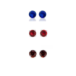 14k White Gold Plated 4Ct Created Blue Topaz, Ruby and Garnet 3 Pair Round Stud Earrings