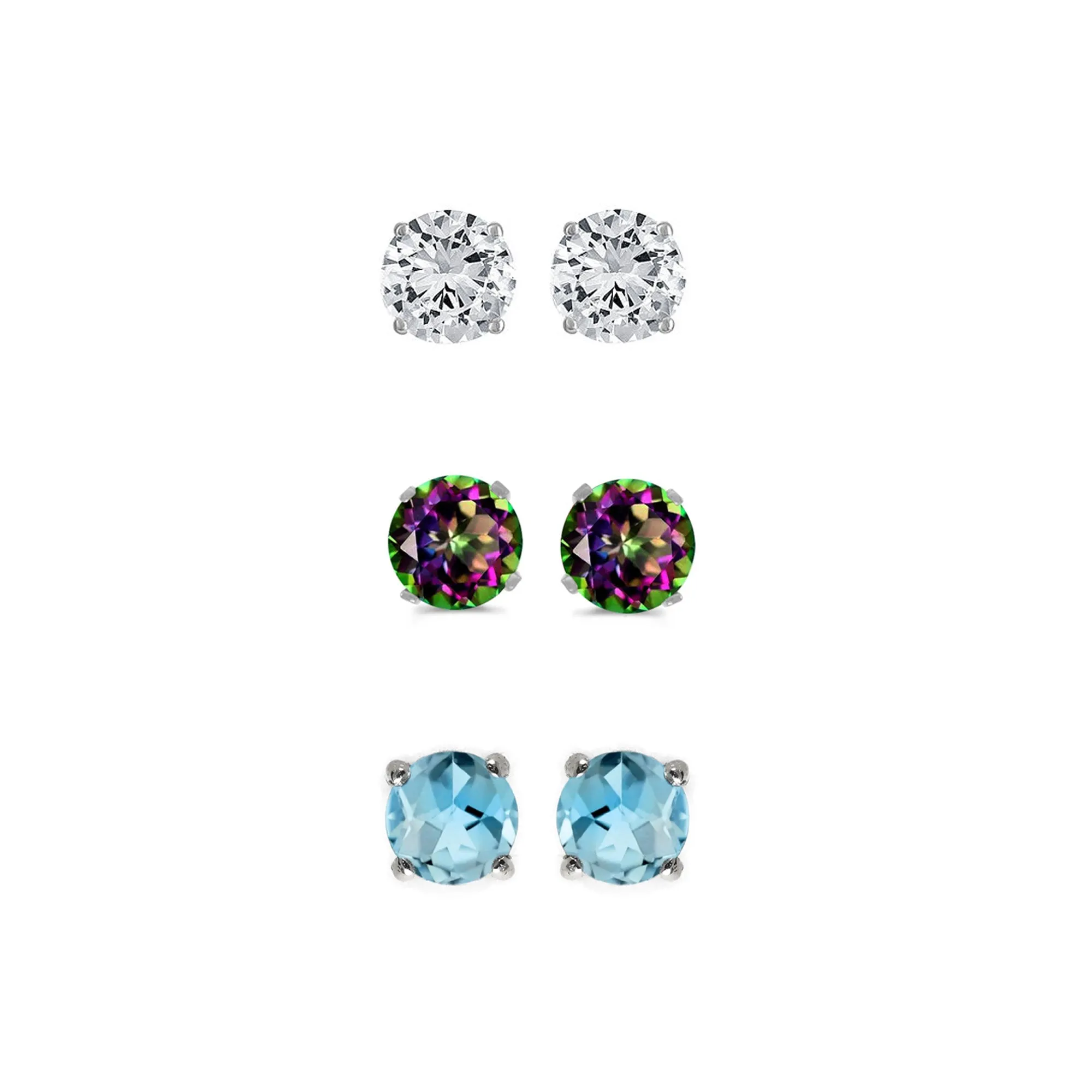 14k White Gold Plated 4Ct Created White Sapphire, Mystic Topaz and Blue Topaz 3 Pair Round Stud Earrings