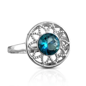 14K White Gold Round Blue Topaz 6mm Ring