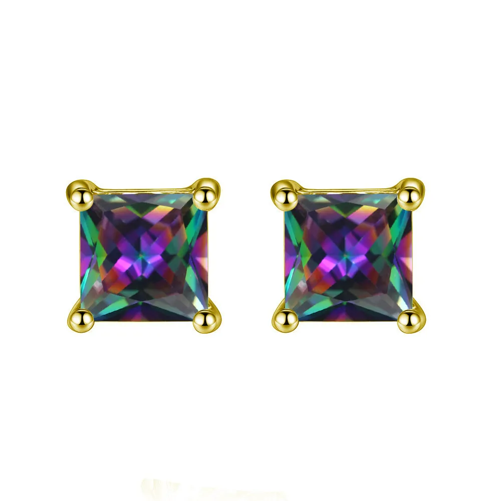 14k Yellow Gold Plated 1/2 Carat Princess Cut Created Mystic Topaz Stud Earrings