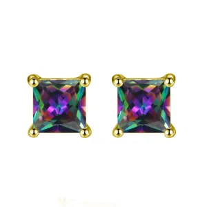 14k Yellow Gold Plated 3 Carat Square Created Mystic Topaz Stud Earrings