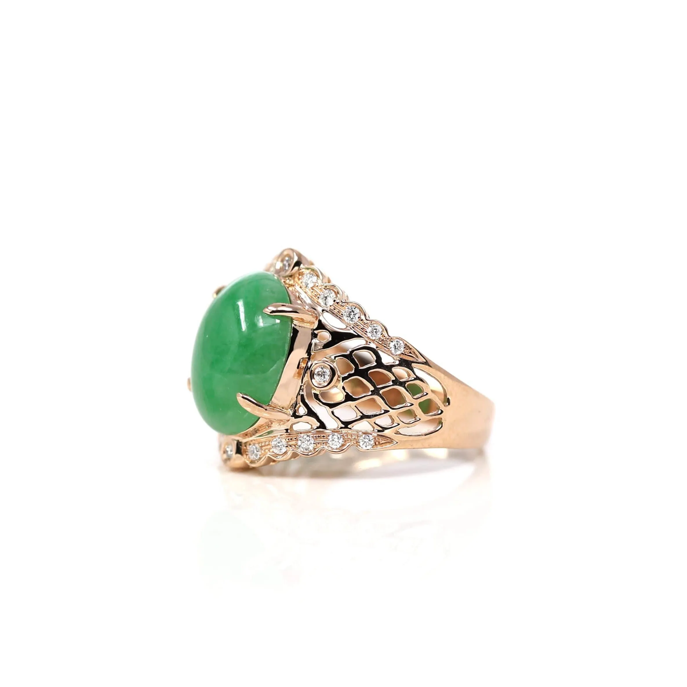 18k Rose Gold Natural Imperial Green Oval Jadeite Jade Engagement Ring With Diamonds