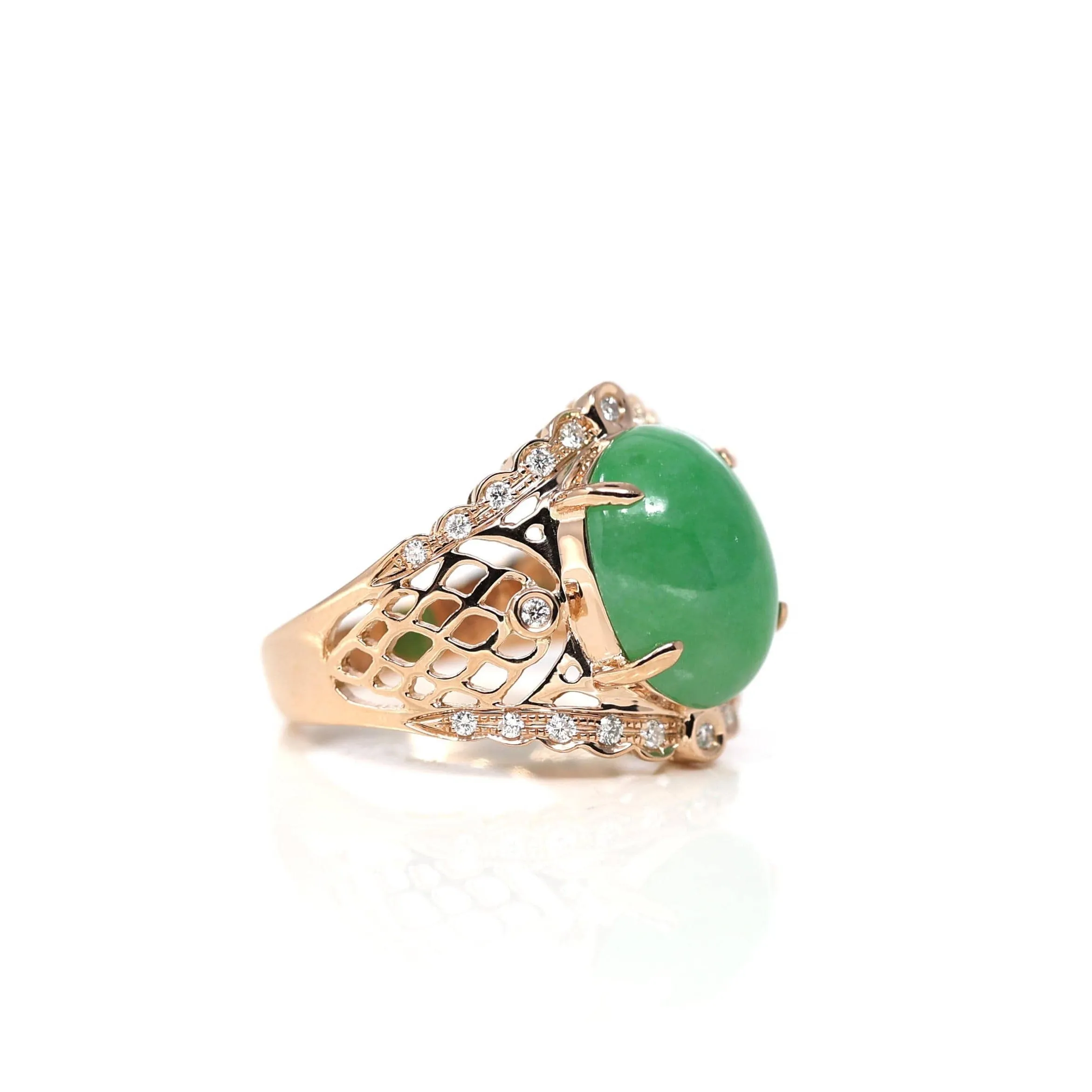 18k Rose Gold Natural Imperial Green Oval Jadeite Jade Engagement Ring With Diamonds