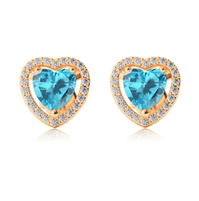 18k Yellow Gold Plated 1/2 Ct Created Halo Heart Blue Topaz Stud Earrings