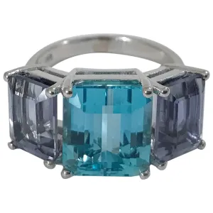 18kt White Gold Three Stone Emerald Cut Ring with Blue Topaz and Iolite