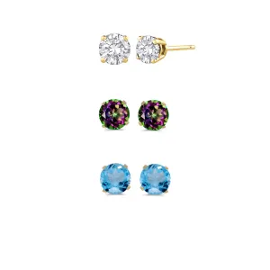 24k Yellow Gold 2Ct Created White Sapphire, Mystic Topaz and Blue Topaz 3 Pair Round Stud Earrings Plated