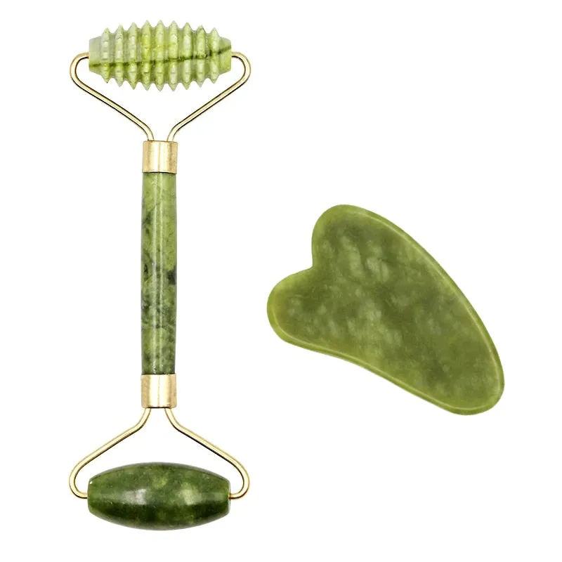 2pcs Face Massager Roller Natural Jade Stone Guasha Board Scraper Set Facial Lift Skin Relaxation Slimming Beauty Neck Thin Tool