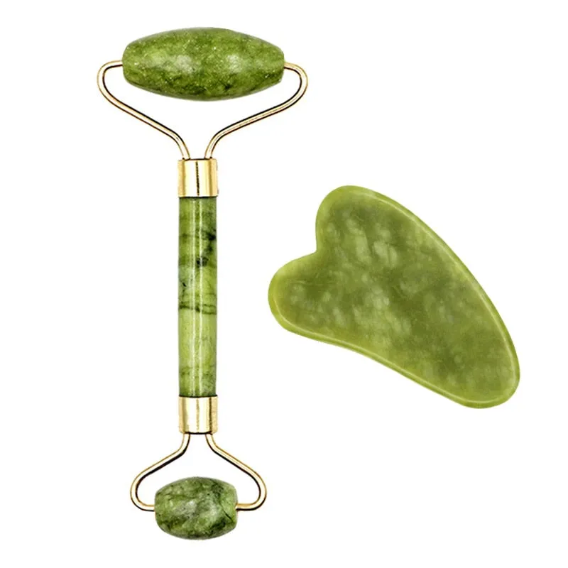 2pcs Face Massager Roller Natural Jade Stone Guasha Board Scraper Set Facial Lift Skin Relaxation Slimming Beauty Neck Thin Tool