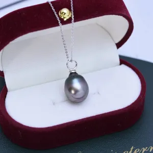 9-11mm Tahitian South Sea Baroque Pearl & Teardrop Pendant Necklace Silver