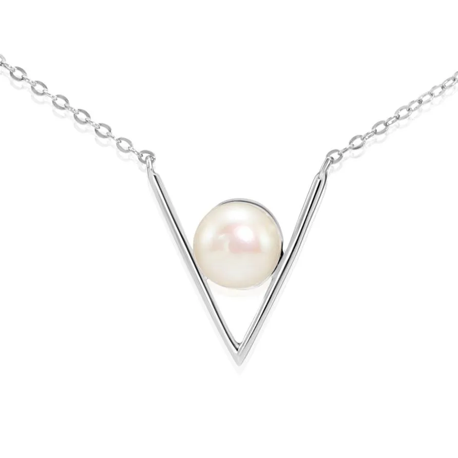 925 Sterling Silver Freshwater Pearl Necklace, Chevron Design, 18 inch