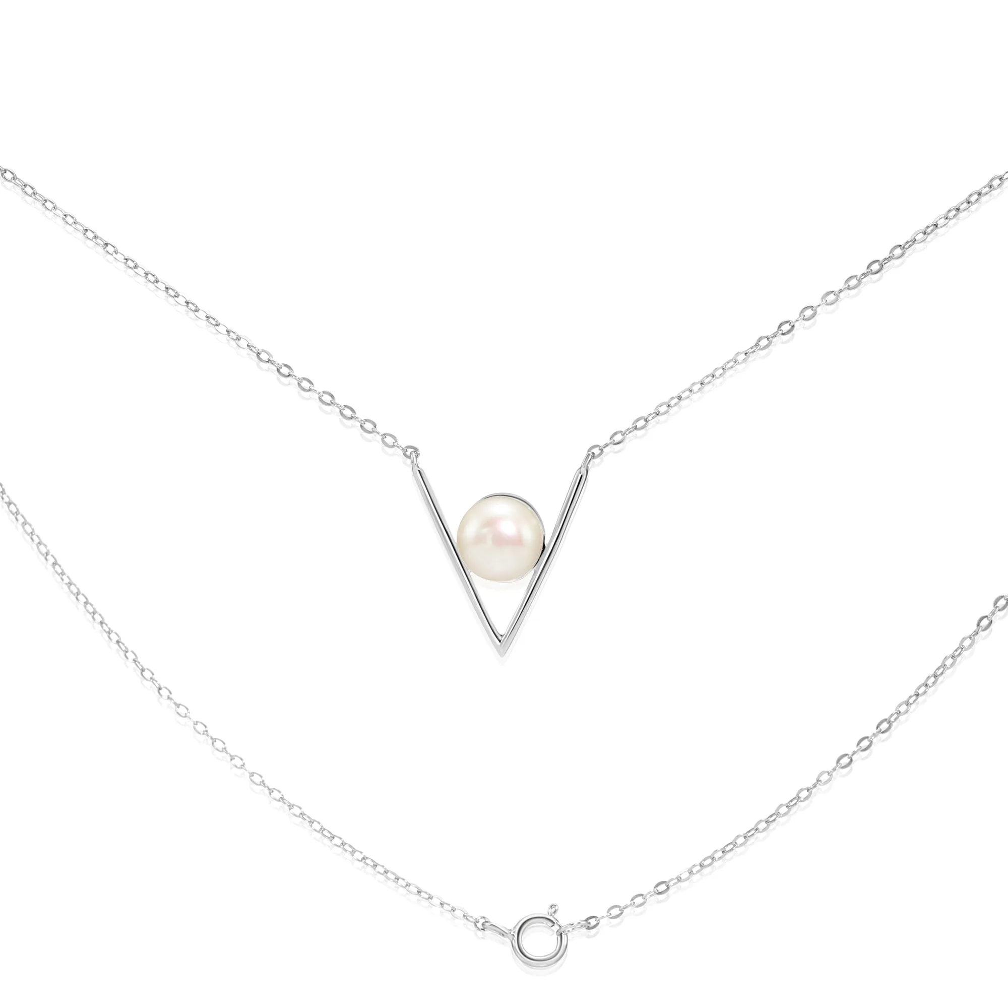 925 Sterling Silver Freshwater Pearl Necklace, Chevron Design, 18 inch