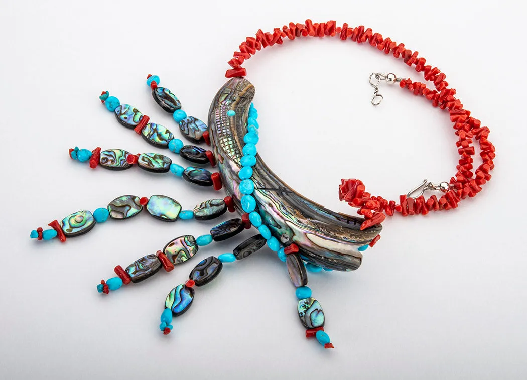 Abalone, Red Coral & Turquoise Corn Maiden Necklace