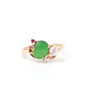 Baikalla™ "Karla" 18k Rose Gold Natural Imperial Jadeite Engagement Ring With Rubies & Diamonds