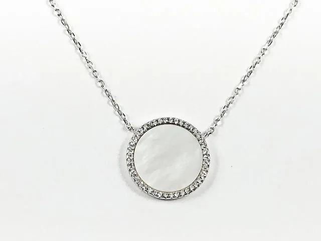 Beautiful Elegant Round Disc Center Mother Of Pearl CZ Frame Silver Necklace