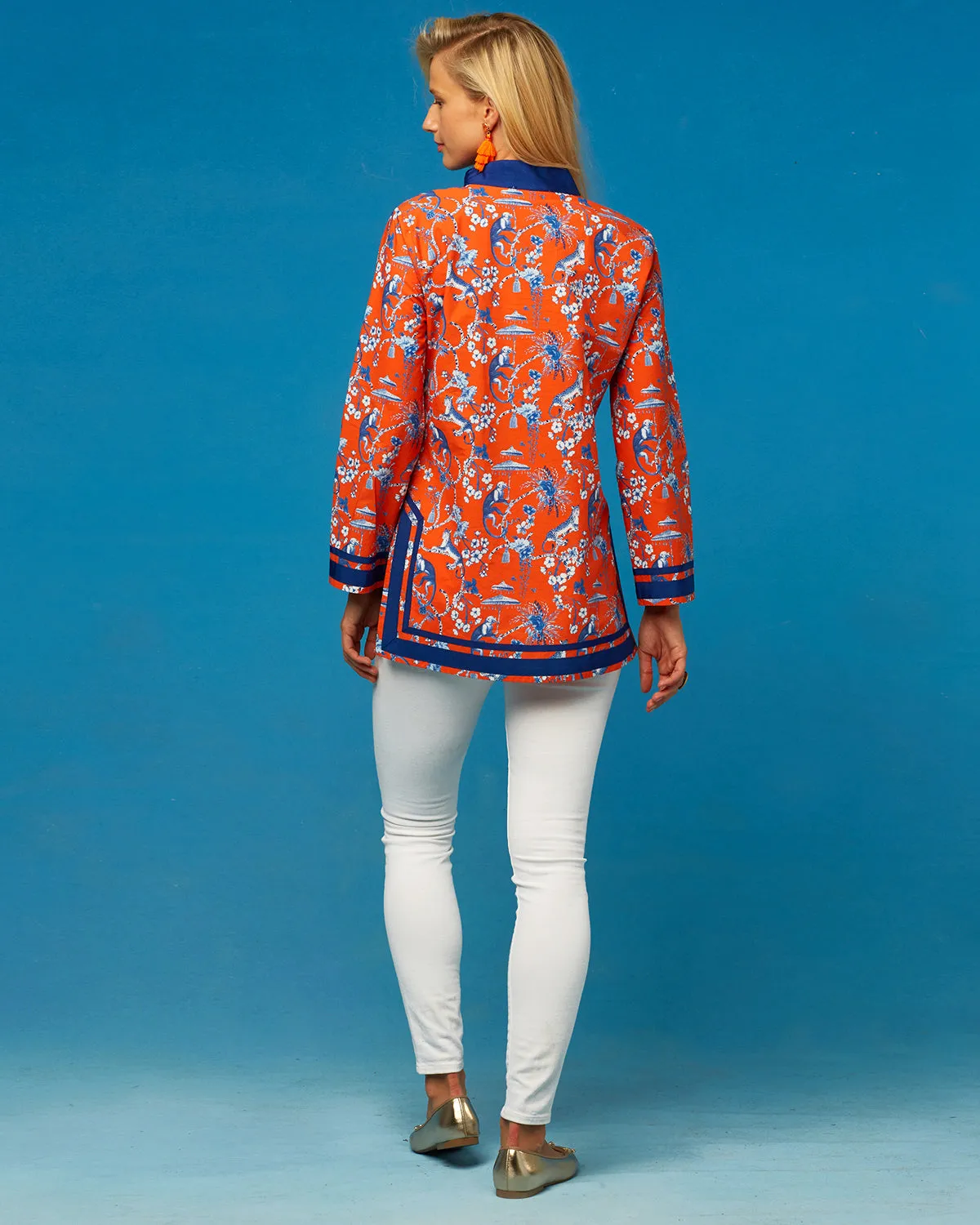 Capri Tunic in Whimsical Jungle Toile in Orange and Blue