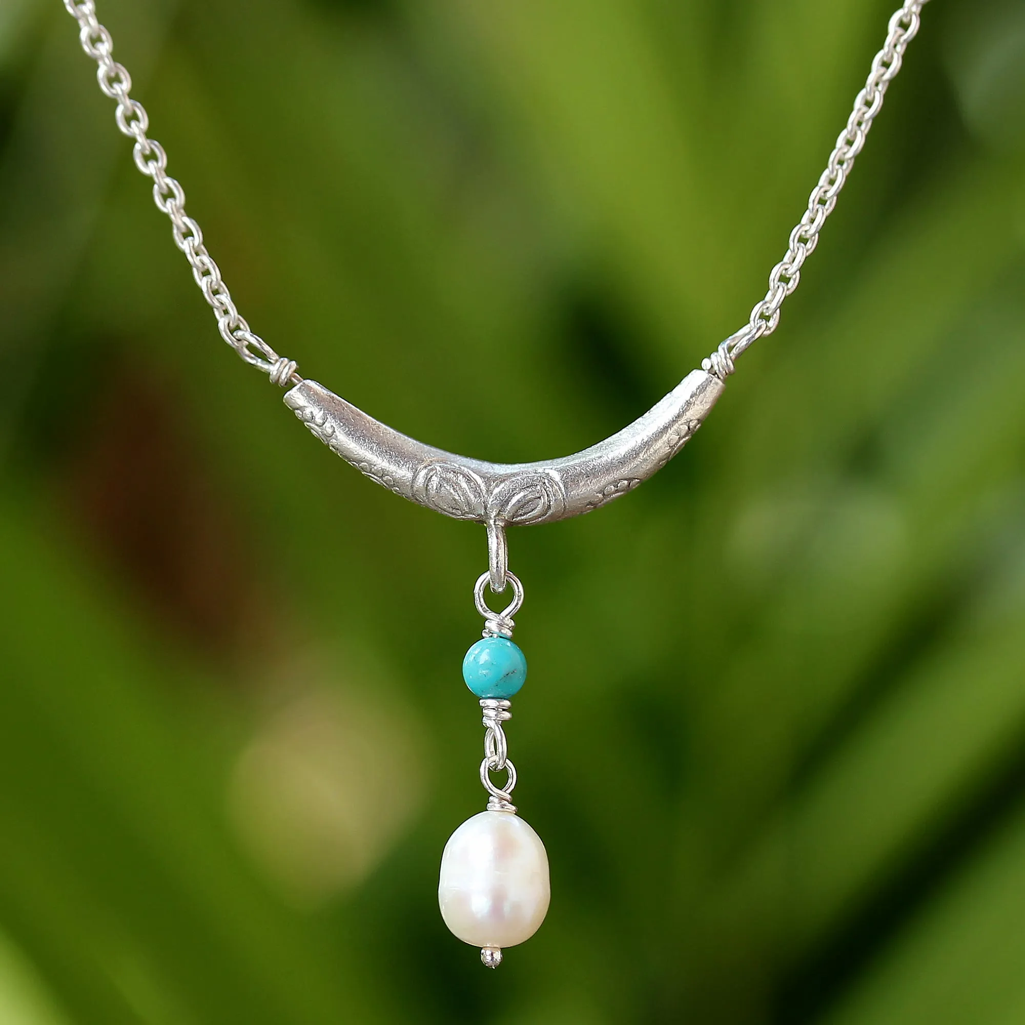 Cultured Pearl and Calcite Pendant Necklace from Thailand - Moon and Starlight | NOVICA