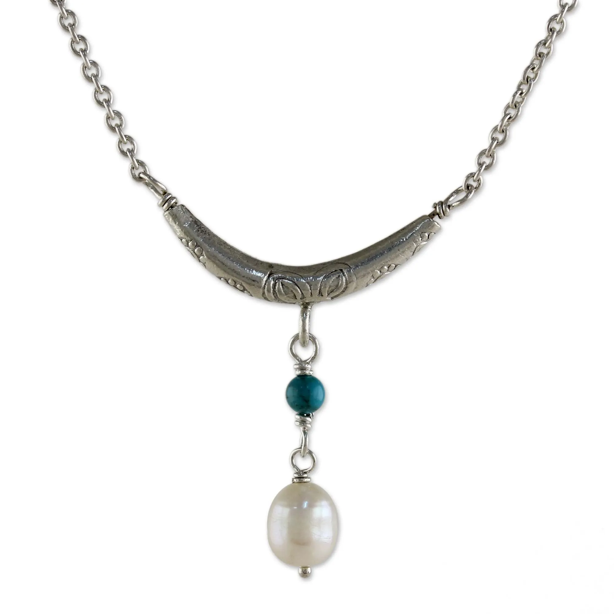 Cultured Pearl and Calcite Pendant Necklace from Thailand - Moon and Starlight | NOVICA