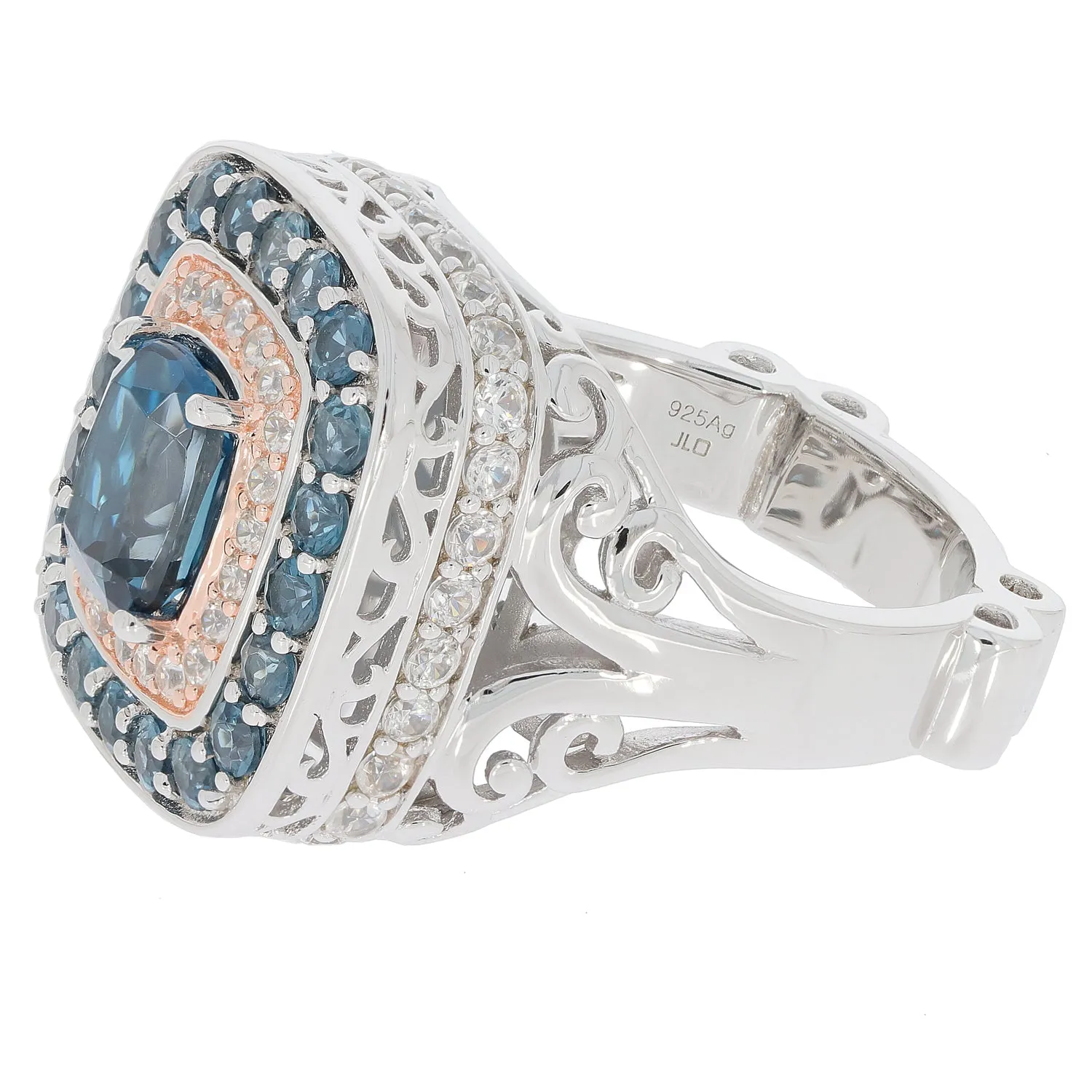 Cushion Blue London Topaz Sterling Silver Ring with Moissanite Accent