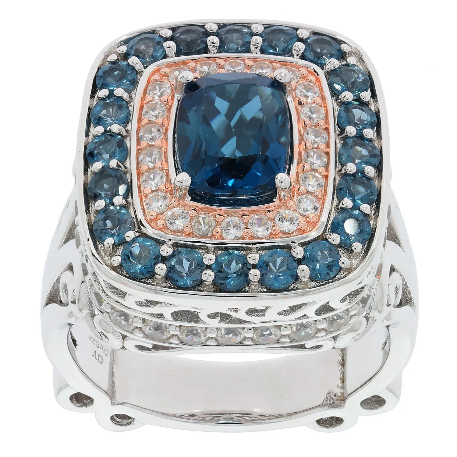 Cushion Blue London Topaz Sterling Silver Ring with Moissanite Accent