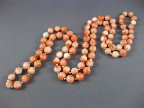 ESTATE EXTRA LONG AAA CORAL 14KT YELLOW GOLD 3D CLASSIC BEAD NECKLACE #26094