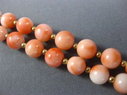 ESTATE EXTRA LONG AAA CORAL 14KT YELLOW GOLD 3D CLASSIC BEAD NECKLACE #26094