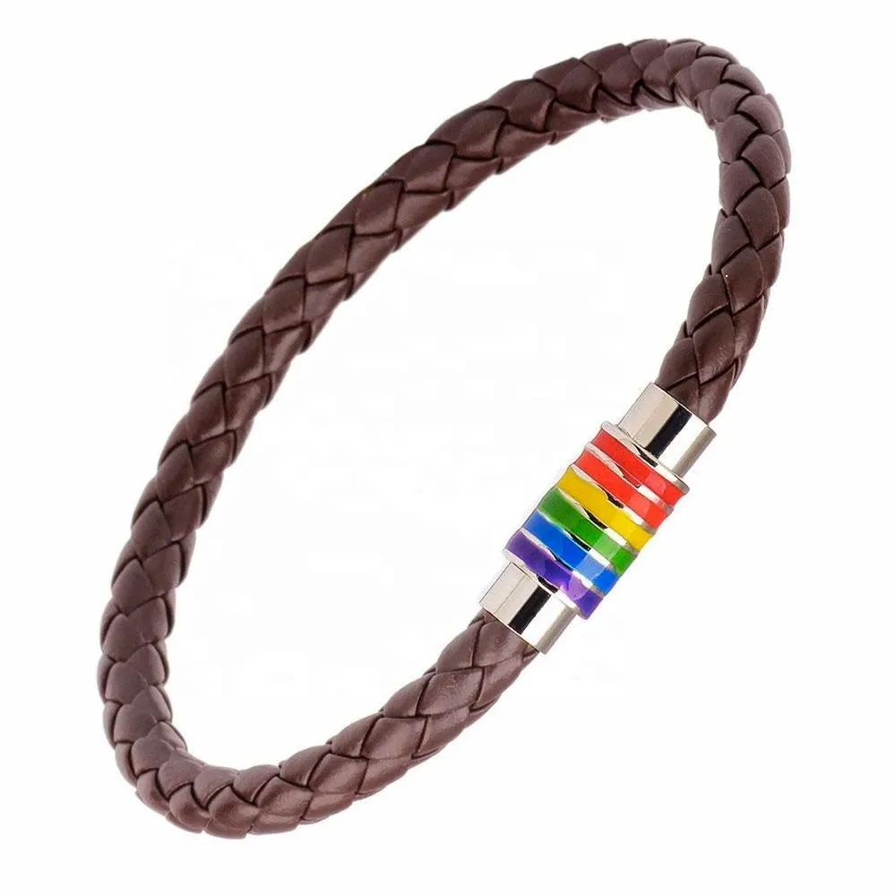 Gay Pride Rainbow Magnetic Bracelet (Brown Leather/Silver Fastener)