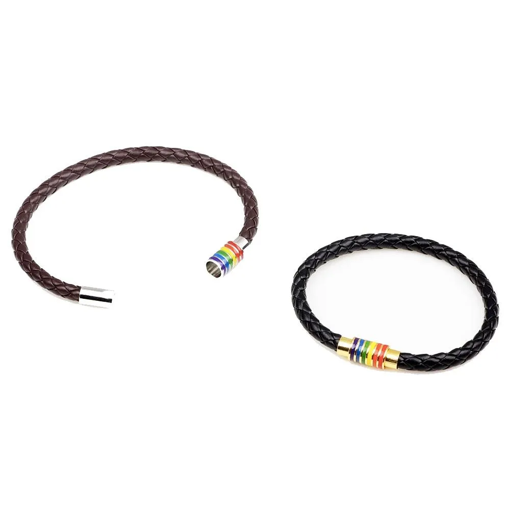 Gay Pride Rainbow Magnetic Bracelet (Brown Leather/Silver Fastener)