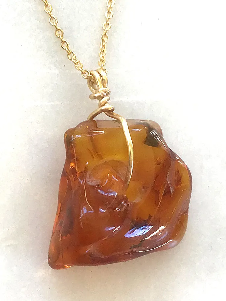 Genuine Natural Baltic Amber Necklace #07 - 16 Kt Gold plated chain necklace Handmade Jewelry - Great gift