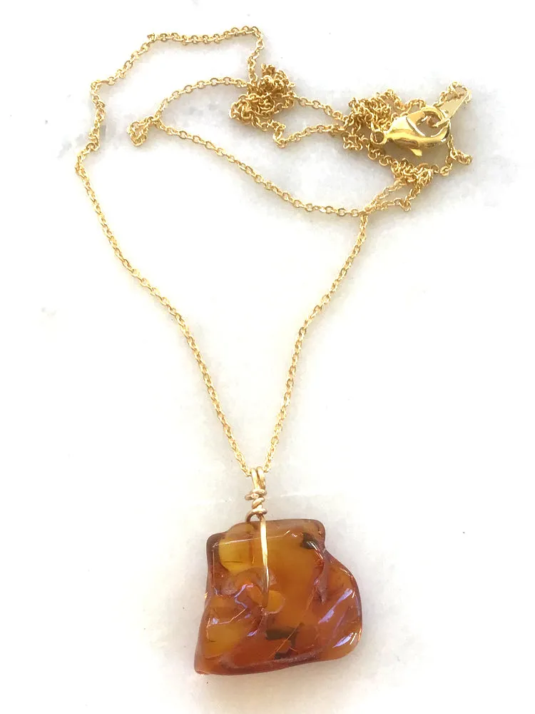 Genuine Natural Baltic Amber Necklace #07 - 16 Kt Gold plated chain necklace Handmade Jewelry - Great gift