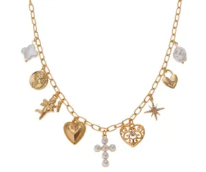 Gold Chain with Pearl Cross, Hearts, and Starburst Charm 16"-18" Necklace