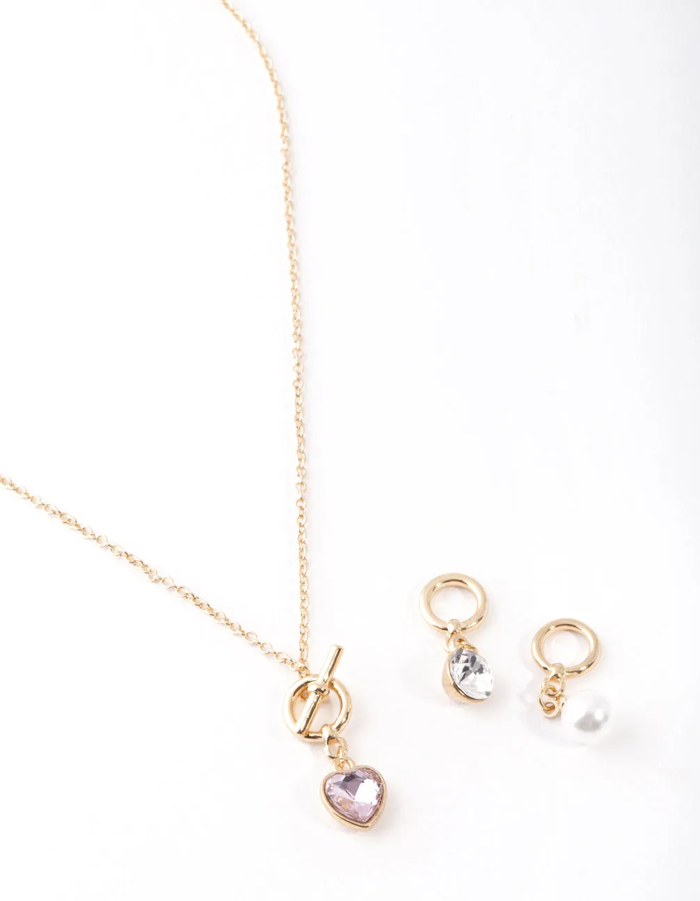 Gold Pearl & Diamante Heart Charm Necklace