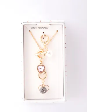 Gold Pearl & Diamante Heart Charm Necklace