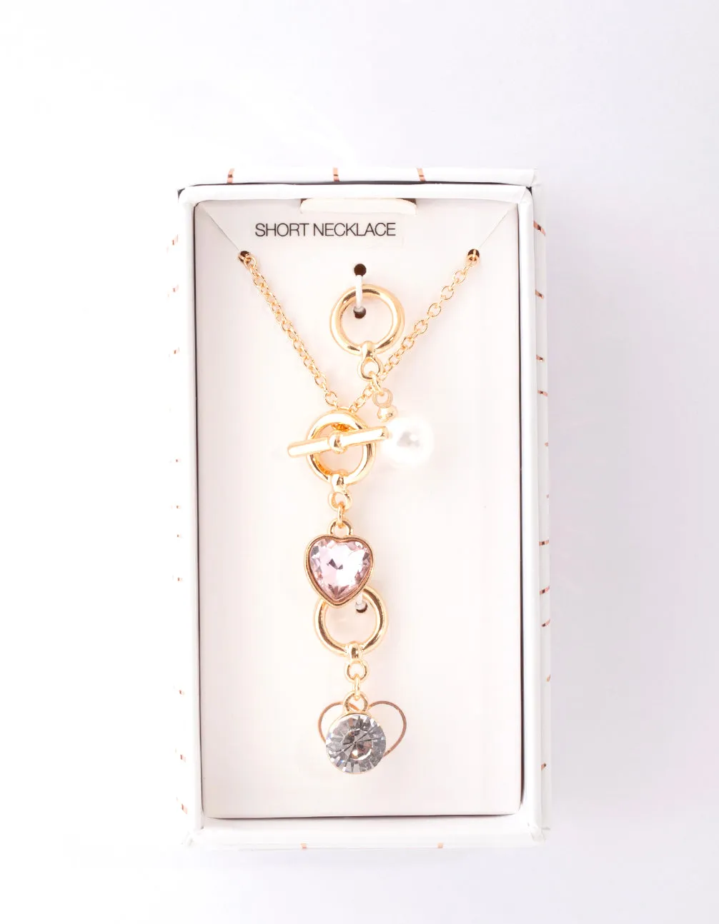 Gold Pearl & Diamante Heart Charm Necklace