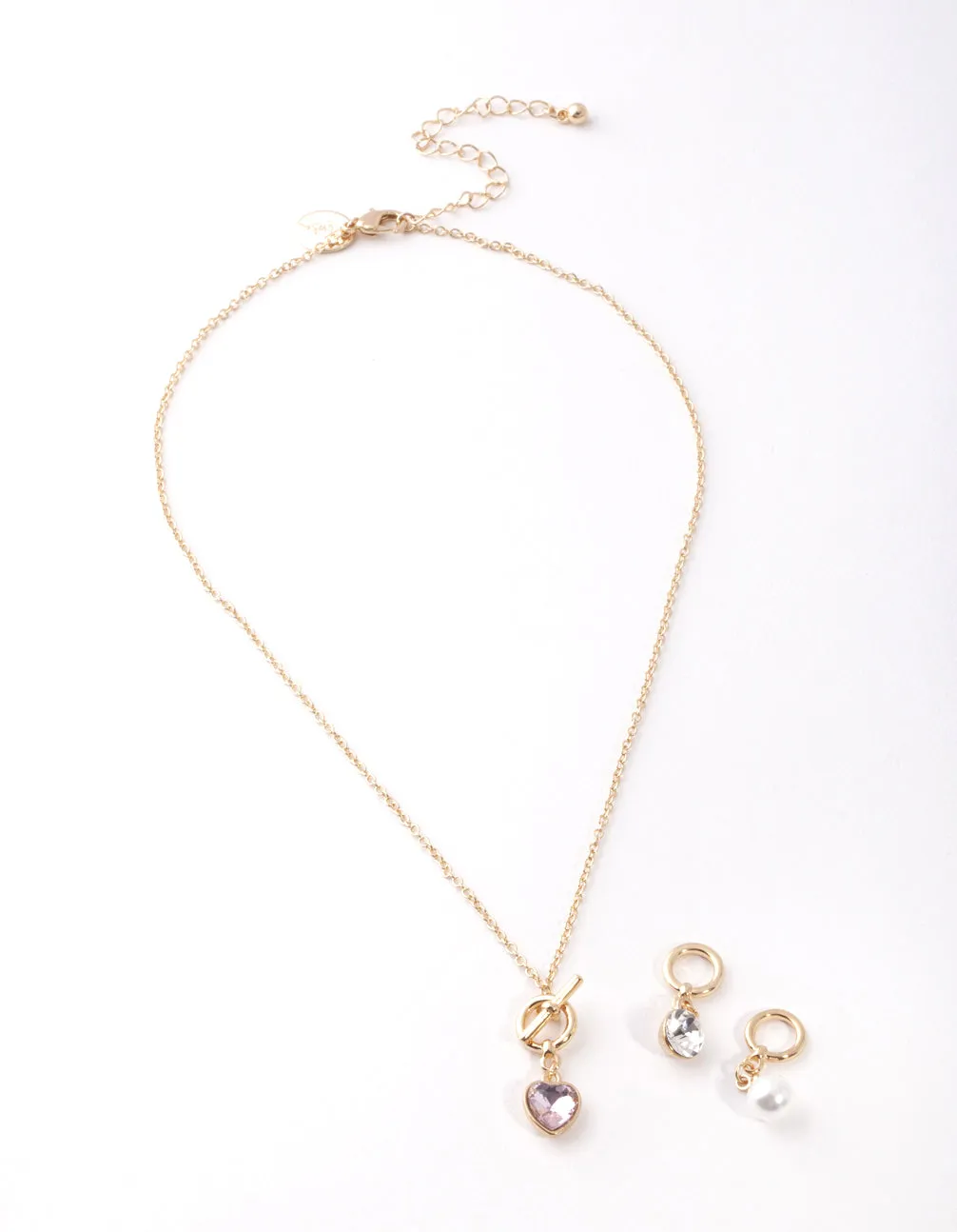 Gold Pearl & Diamante Heart Charm Necklace