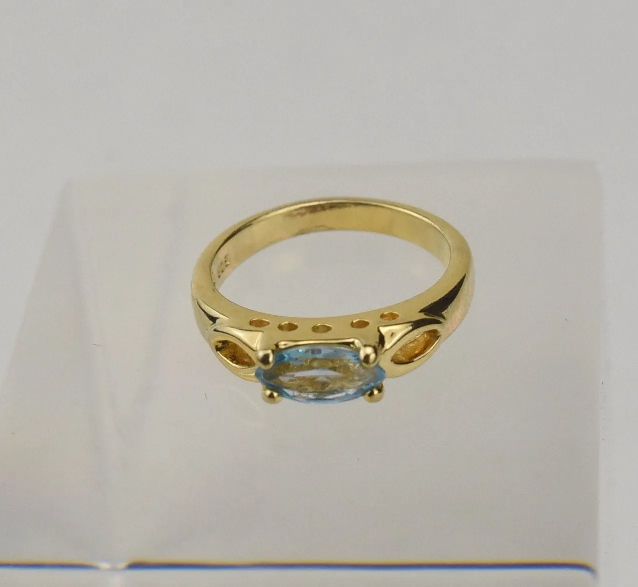 Gold Tone Sterling Silver Ring with Marquise Cut Light Blue Stone - Size 5