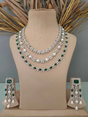 Green Color Silver Plated Faux Diamond Necklace Set - CZSET217GR