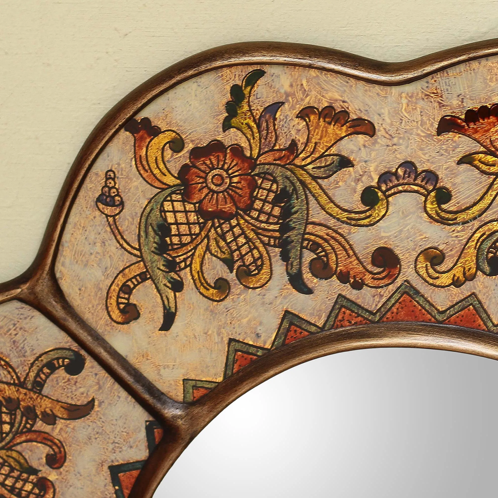 Hand Made Reverse Painted Glass Mirror from Peru - Iridescent Cajamarca Blossom | NOVICA