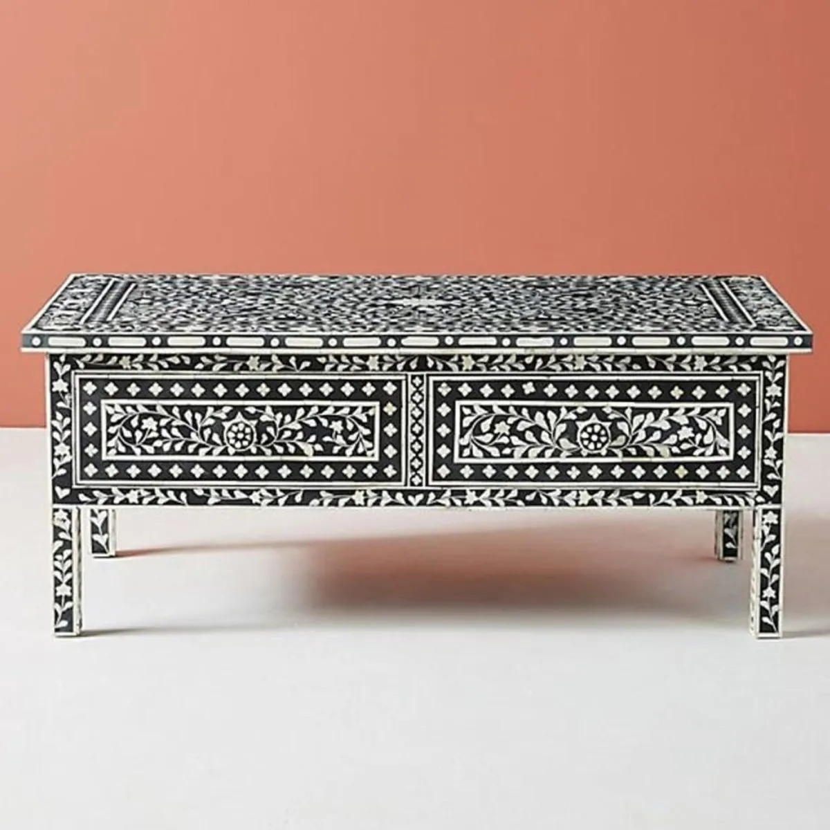 Handmade Bone Inlay Floral Design Two Drawers Small Coffee Table in Black Color